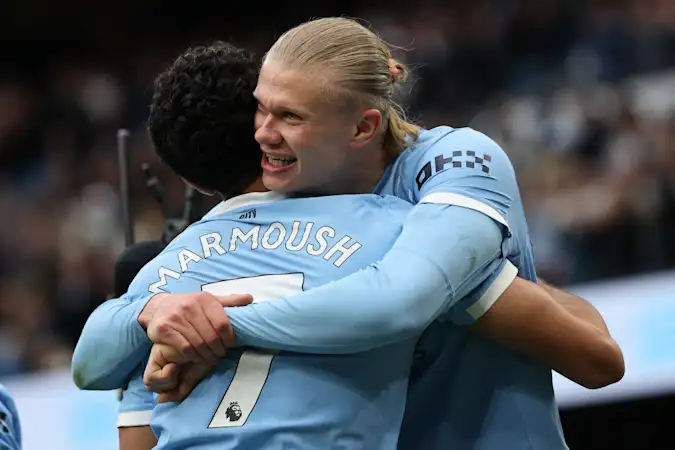 Erling Haaland celebrates scoring against Brentford.
