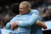 Erling Haaland celebrates scoring against Brentford.