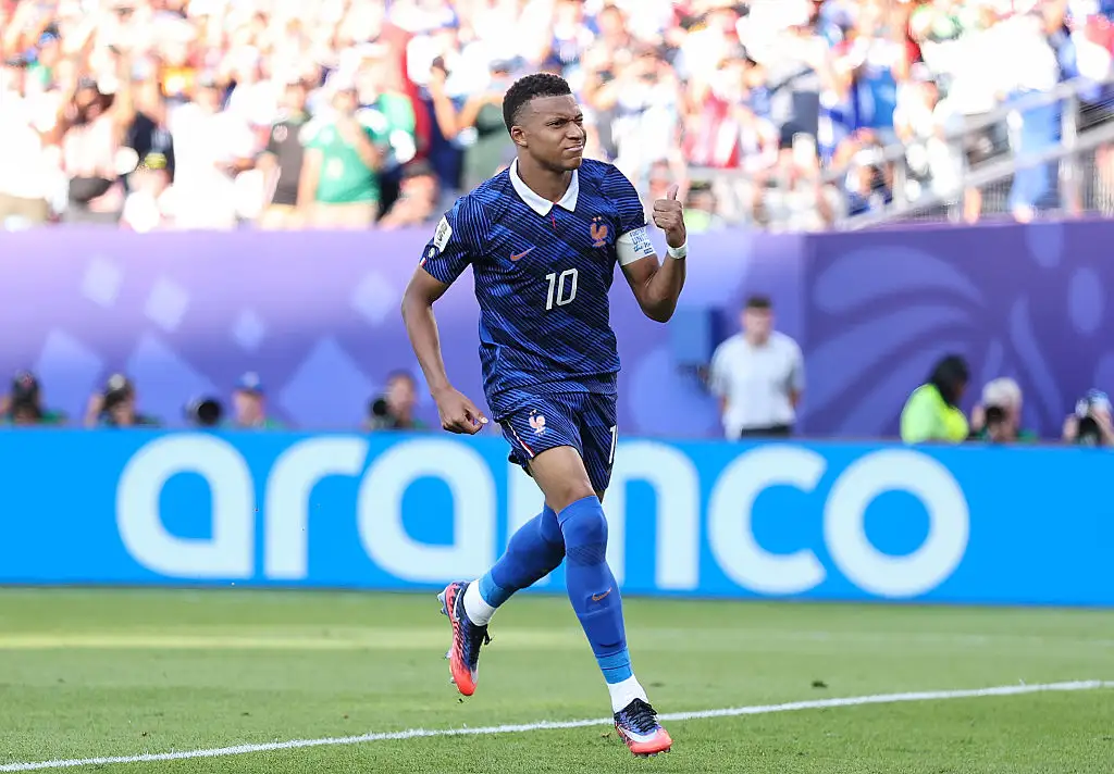 Kylian Mbappe #10 of France celebrates scoring a penalty for the team's first goal during the FIFA World Cup 2026 Round of 16 match between Paraguay and France at Philadelphia Stadium on July 04, 2026 in Philadelphia, Pennsylvania
