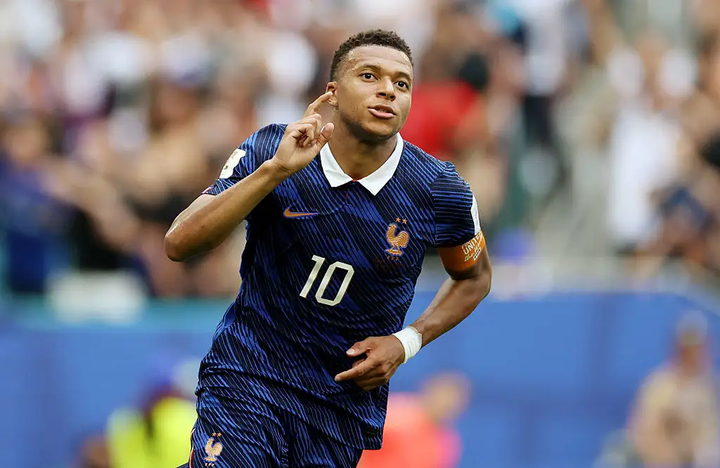 Kylian Mbappe #10 of France celebrates after scoring his team’s third goal during the FIFA World Cup 2026 Bronze Final between France and England at Miami Stadium on July 18, 2026 in Miami Gardens, Florida. Mbappe becomes the World Cup all time top scorer with 22 goals