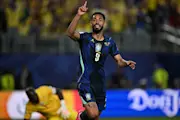 Matheus Cunha celebrates scoring for Brazil against Haiti at the 2026 World Cup.