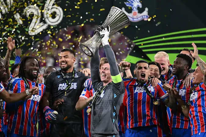 Dean Henderson of Crystal Palace celebrates the Uefa Confence League victory during the UEFA Conference League Final 2026 match between Crystal Palace FC and Rayo Vallecano de Madrid