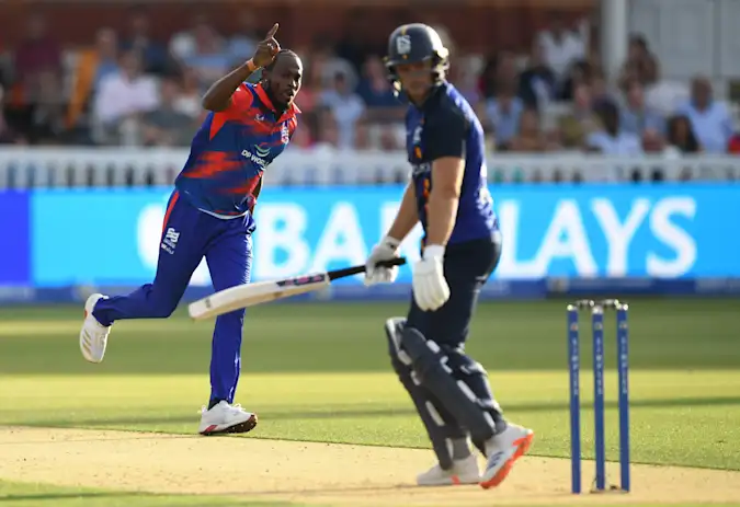 Jofra Archer celebrates the wicket of David Willey