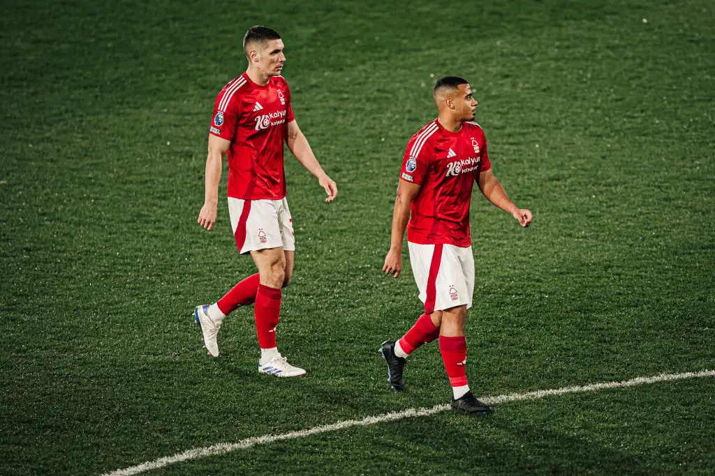 Nikola Milenkovic of Nottingham Forest and Murillo of Nottingham Forest walk towards a corner kick during the Premier League match between Nottingham Forest FC and Ipswich Town FC at City Ground on November 30, 2024 in Nottingham, England