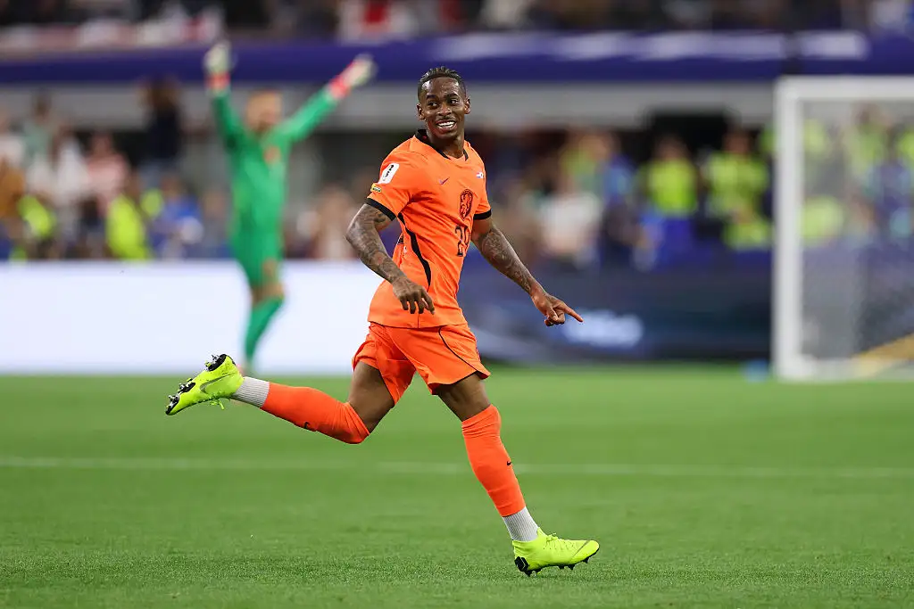Crysencio Summerville #24 of Netherlands celebrates scoring his team's second goal during the FIFA World Cup 2026 Group F match between Netherlands and Japan at Dallas Stadium on June 14, 2026 in Arlington, Texas