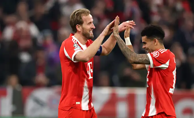 Bayern Munich Goalscorers Harry Kane and Luis Diaz Celebrate At The Allianz Arena