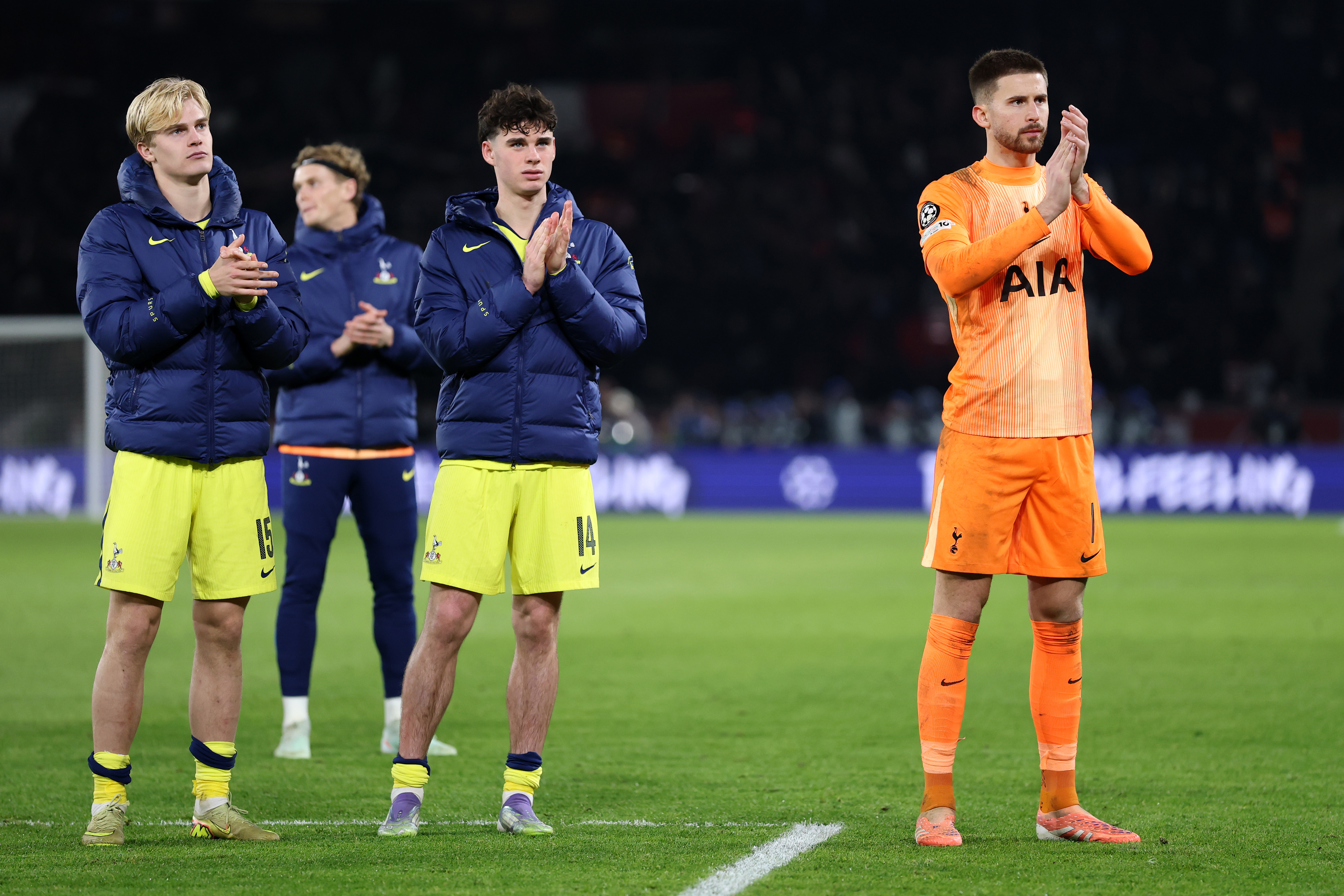 Lucas Bergvall, Archie Gray and Guglielmo Vicario applaud the Tottenham fans after their 5-3 loss to PSG