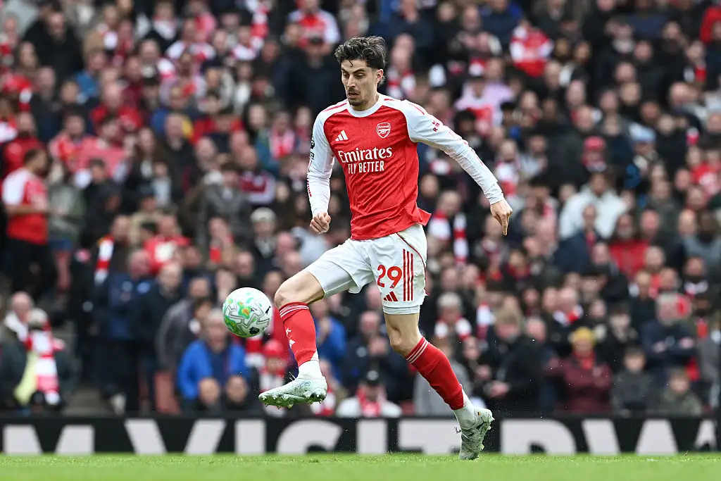 Kai Havertz of Arsenal controls the ball during the Premier League match between Arsenal and Bournemouth at Emirates Stadium on April 11, 2026 in London, England