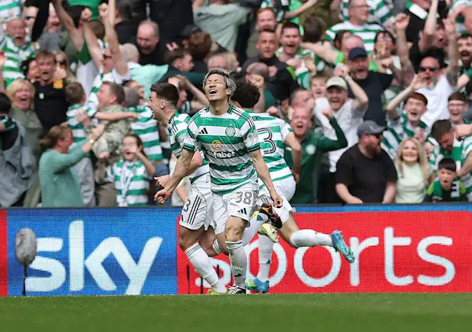 Celtic's Daizen Maeda celebrates after he scores in a Premiership match against Rangers.
