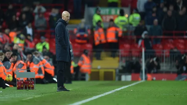 Erik ten Hag watches on as Manchester United suffered a humiliating defeat at Liverpool on Sunday