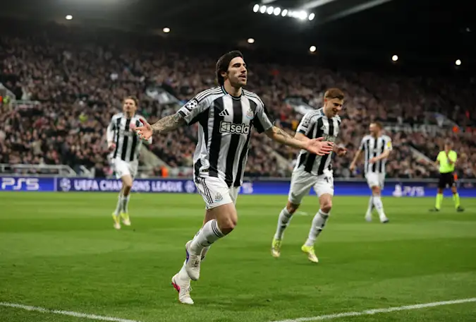 Sandro Tonali of Newcastle United celebrates scoring his team's first goal during the UEFA Champions League 2025/26 League Knockout Play-off Second Leg match between Newcastle United FC and Qarabag FK at St James' Park
