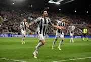 Sandro Tonali of Newcastle United celebrates scoring his team's first goal during the UEFA Champions League 2025/26 League Knockout Play-off Second Leg match between Newcastle United FC and Qarabag FK at St James' Park