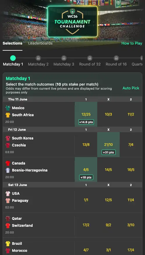 bet365 Tournament Challenge Match Day 1 Prediction Selection
