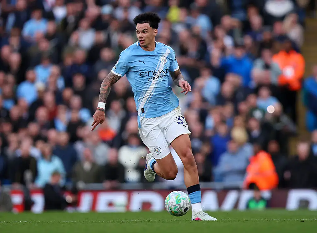 Nico O'Reilly of Manchester City during the Premier League match between Manchester City and Arsenal at Etihad Stadium on April 19, 2026 in Manchester, England