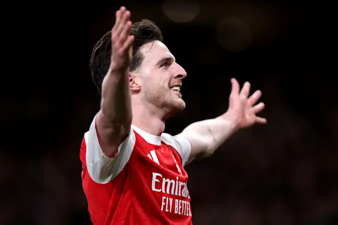 Declan Rice Celebrates After Scoring Arsenal's Second Of The Night
