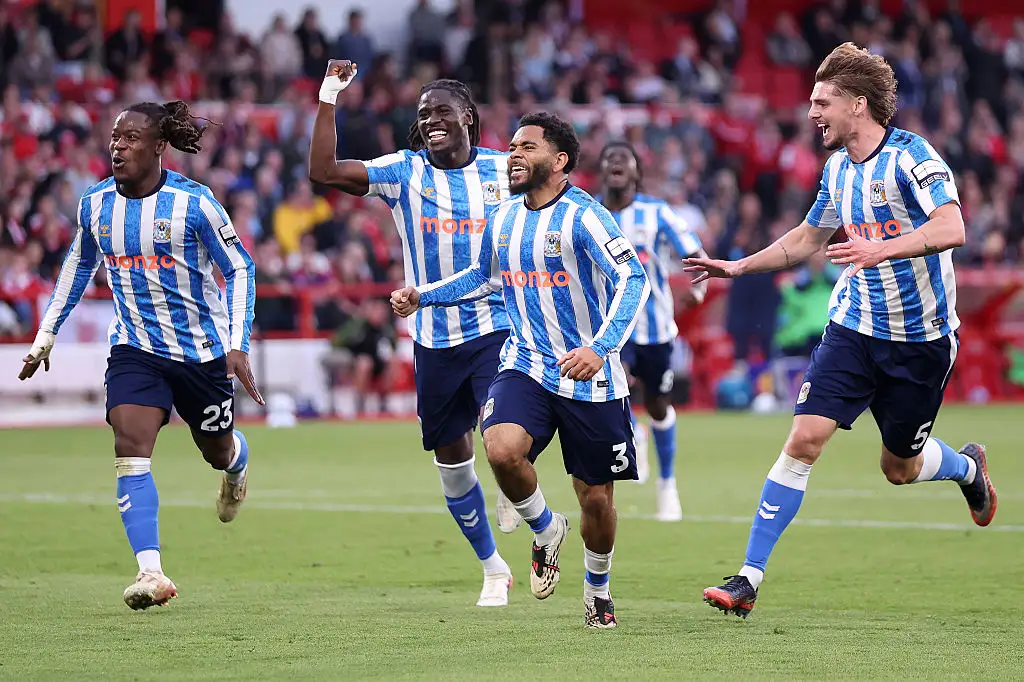 Jay Dasilva of Coventry City celebrates scoring his team’s first goal with teammates during the Premier League 2026/27 match between Nottingham Forest FC and Coventry City at City Ground on September 19, 2026 in Nottingham, England