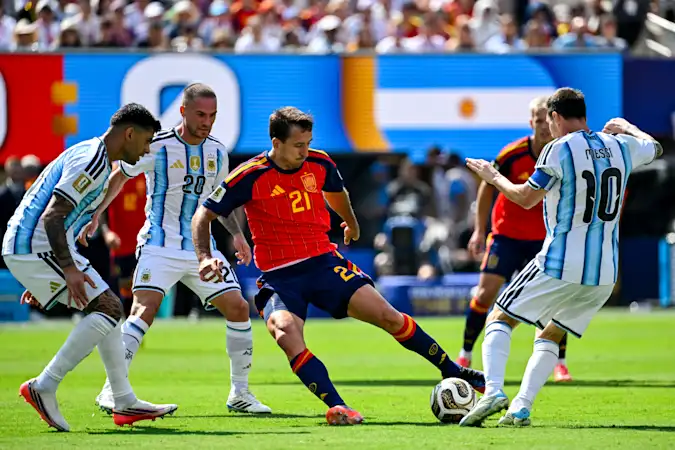 Mikel Oyarzabal (centre) scored five crucial goals during Spain’s journey to the World Cup final