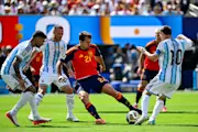 Mikel Oyarzabal (centre) scored five crucial goals during Spain’s journey to the World Cup final