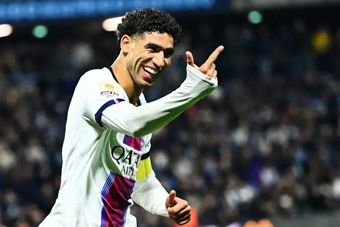 Achraf Hakimi celebrates during PSG's resounding Ligue 1 win over Le Havre