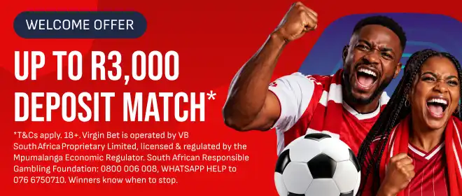 Promotional banner for the Virgin Bet South Africa sports welcome offer featuring an up to R3,000 first deposit match bonus for new sports bettors. Includes official licensing under the Mpumalanga Economic Regulator and National Responsible Gambling Programme support details.