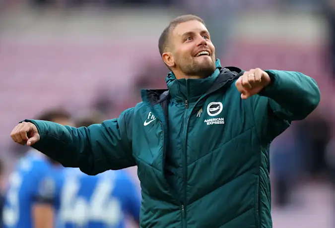 Brighton & Hove Albion head coach Fabian Hurzeler celebrates