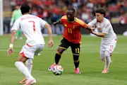 Jeremy Doku in action for Belgium in an international friendly fixture against Tunisia.