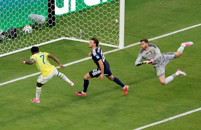 Vinicius Junior #7 of Brazil scores his team's second goal during the FIFA World Cup 2026 Group C match between Scotland and Brazil at Miami Stadium