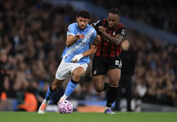 Matheus Nunes and Antoine Semenyo in Premier League action