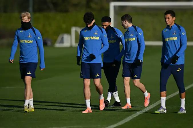 Luas Bergvall, Archie Gray and Brennan Johnson in training for Spurs ahead of PSG clash