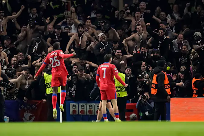 Khvicha Kvaratskhelia Celebrates His Goal In Front Of The PSG Support