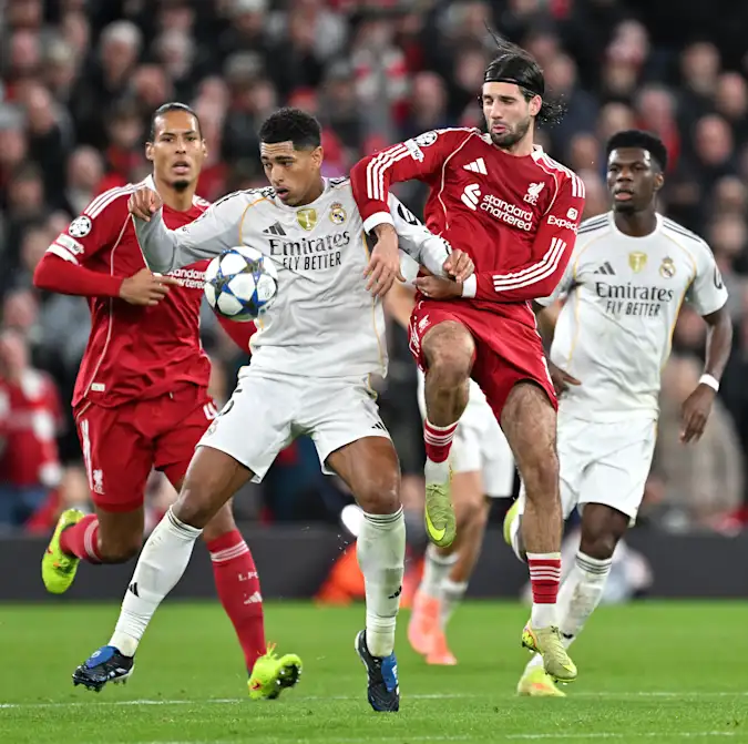 Jude Bellingham and Dominik Szoboszlai in action during Liverpool's 1-0 win over Real Madrid