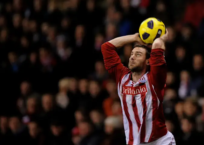 Rory Delap of Stoke City takes a throw in during the Barclays Premier League match between Stoke City and West Bromwich Albion at The Britannia Stadium