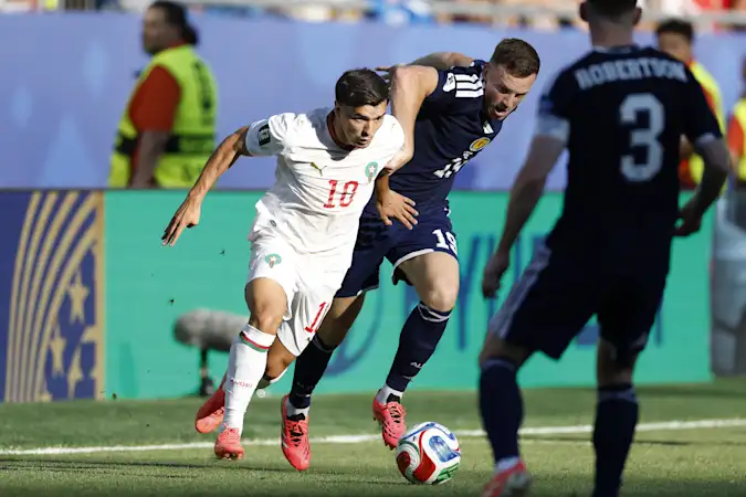 Brahim Diaz of Morocco, Lewis Ferguson of Scotland during the FIFA World Cup 2026 Group C match between Scotland and Morocco at Boston Stadium on June 20, 2026 in Foxborough, United States