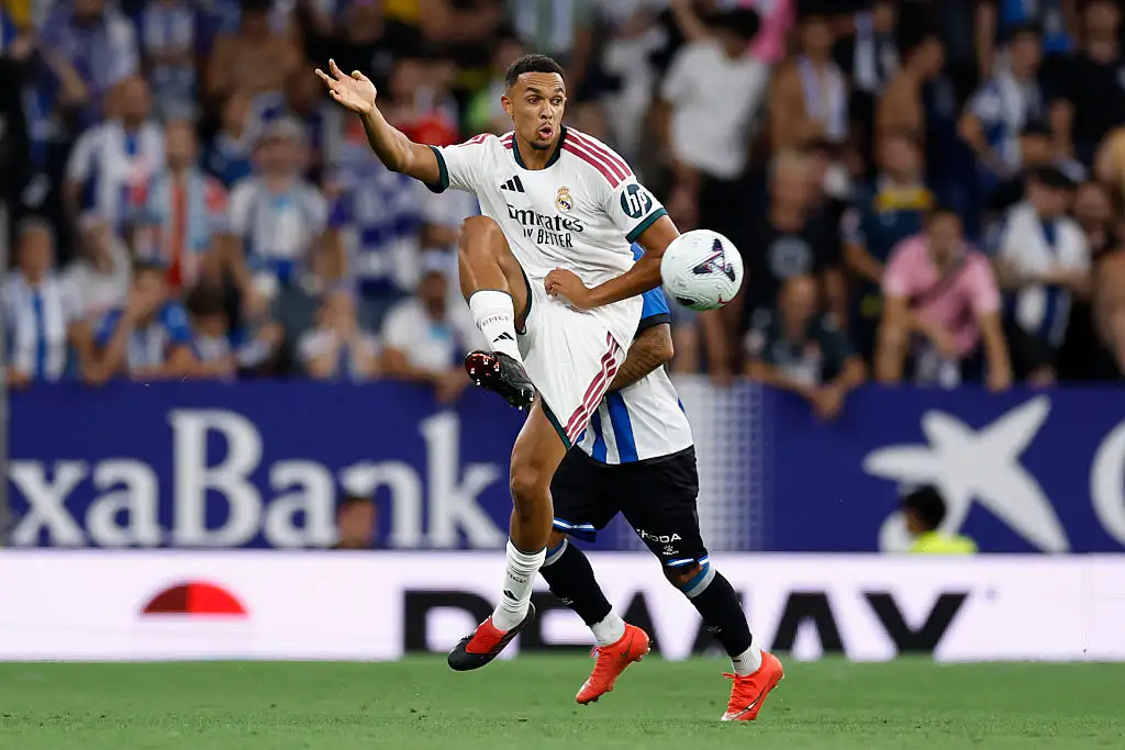 Trent Alexander-Arnold of Real Madrid in action during the LaLiga EA Sports 2026/27 match between RCD Espanyol de Barcelona and Real Madrid at RCDE Stadium on August 22, 2026 in Barcelona, Spain