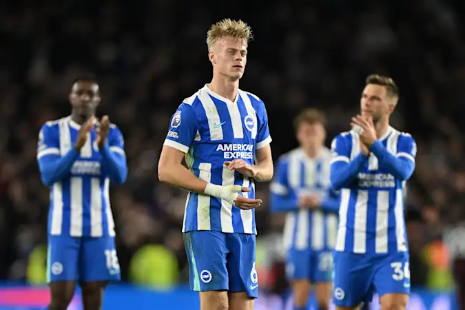 Jan Paul van Hecke applauds fans following Brighton's loss to Aston Villa