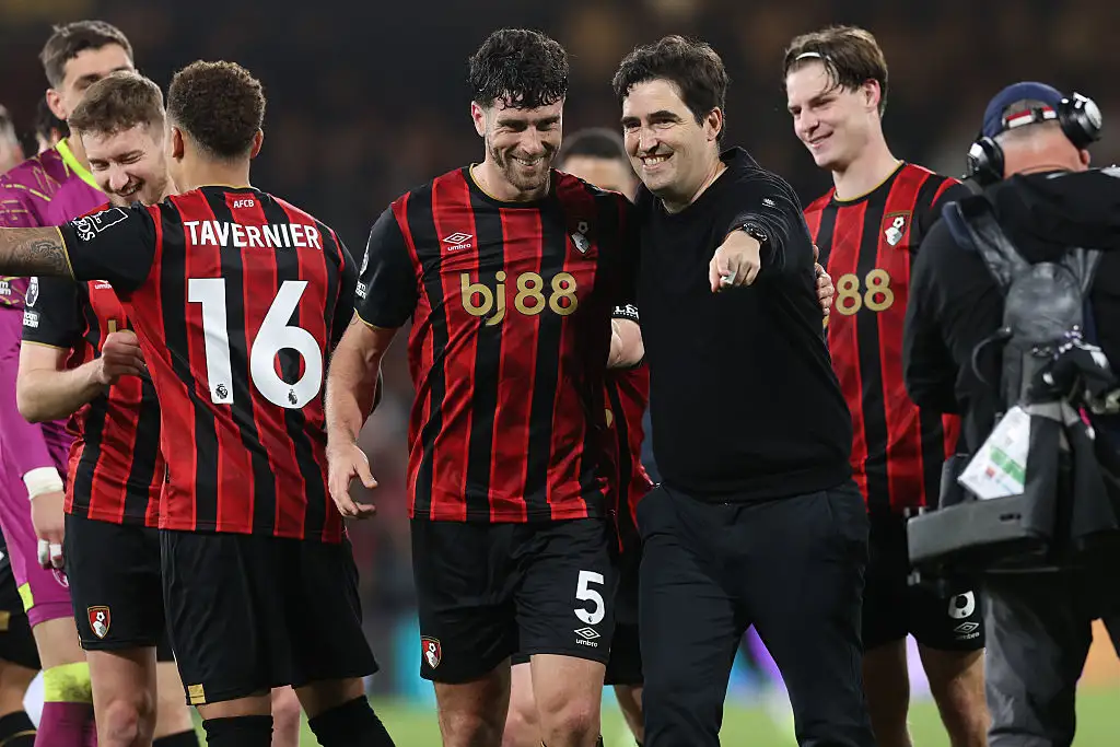 Andoni Iraola, Manager of AFC Bournemouth alongside Marcos Senesi following the Premier League match between Bournemouth and Manchester City at Vitality Stadium on May 19, 2026 in Bournemouth, England