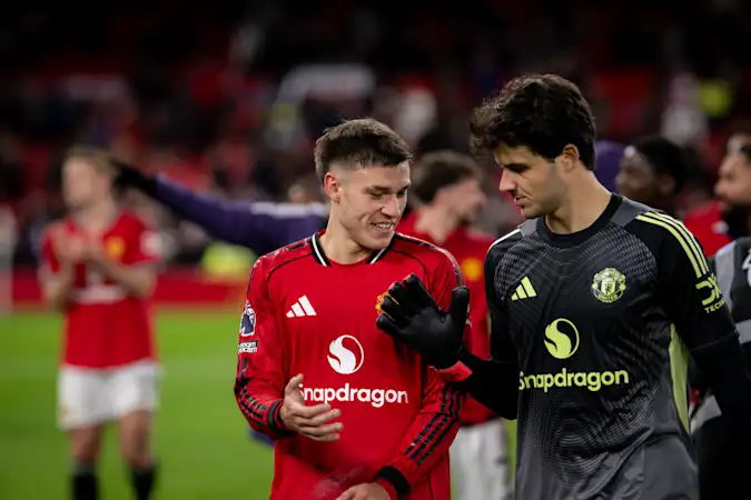 Manuel Ugarte and Senne Lammens following Man Utd's win over Brighton