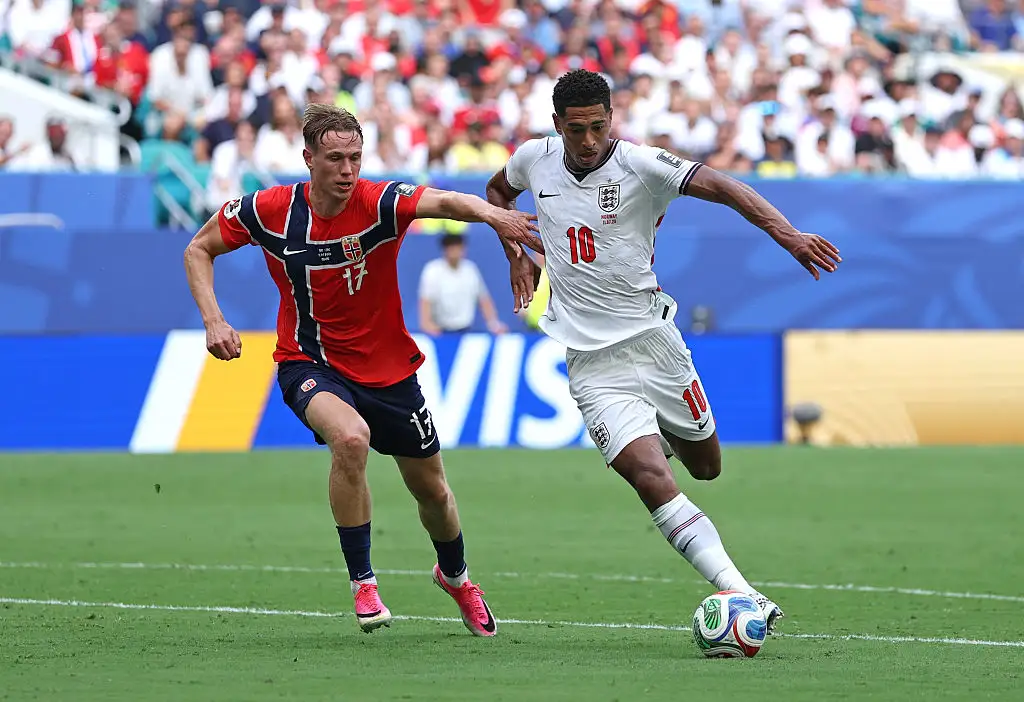 Jude Bellingham #10 of England scores his team's first goal during the FIFA World Cup 2026 Quarter Final match between Norway and England at Miami Stadium on July 11, 2026 in Miami Gardens, Florida