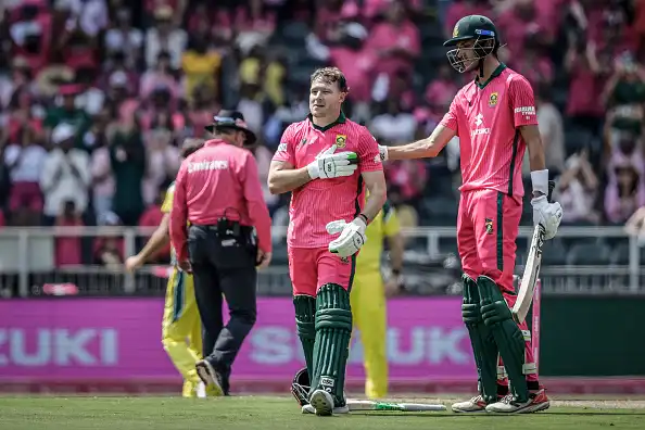 David Miller celebrates his century in the 2nd ODI at the Wanderers in Johannesburg