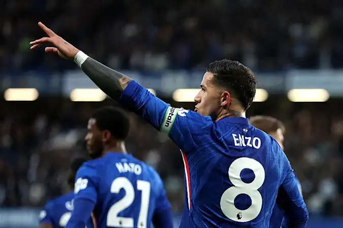 Enzo Fernandez in action for Chelsea in the Premier League.
