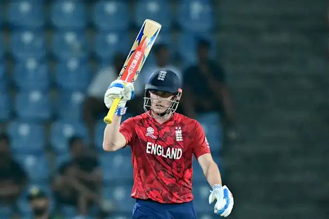 England captain Harry Brook celebrates reaching 50 runs en route to a century against Pakistan at the 2026 T20 World Cup