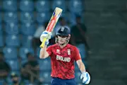 England captain Harry Brook celebrates reaching 50 runs en route to a century against Pakistan at the 2026 T20 World Cup