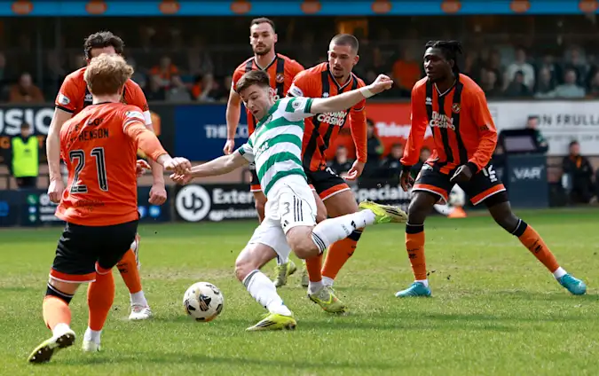 Celtic Defender Kieran Tierney Crowded Out By A Number Of Dundee United Players