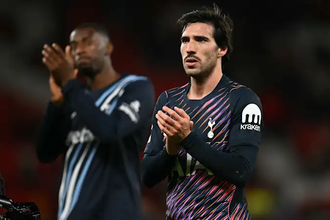 Tottenham Hotspur midfielder Sandro Tonali applauds supporters following Saturday's 1-1 draw at Manchester United