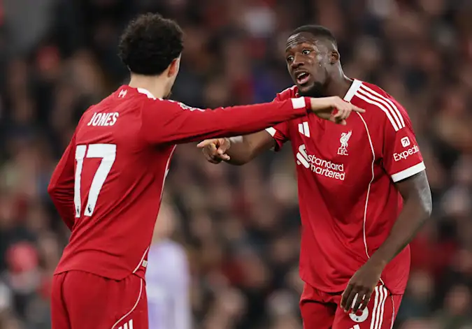 Curtis Jones and Ibrahima Konate in discussion during Liverpool's 2-0 win over Brighton