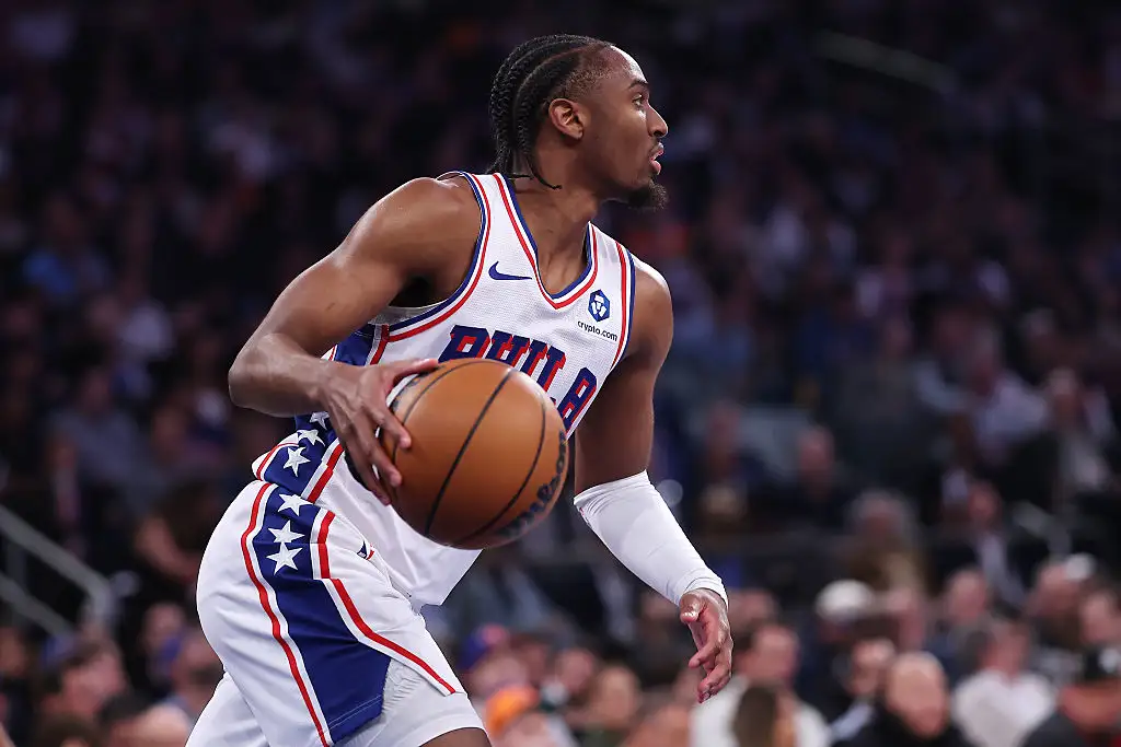 Tyrese Maxey #0 of the Philadelphia 76ers dribbles against the New York Knicks during the first quarter in Game Two of the Second Round of the NBA Eastern Conference Playoffs at Madison Square Garden on May 06, 2026 in New York City