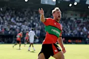 Kaj Sierhuis celebrates a goal for NEC Nijmegen against Telstar in the Eredivisie.