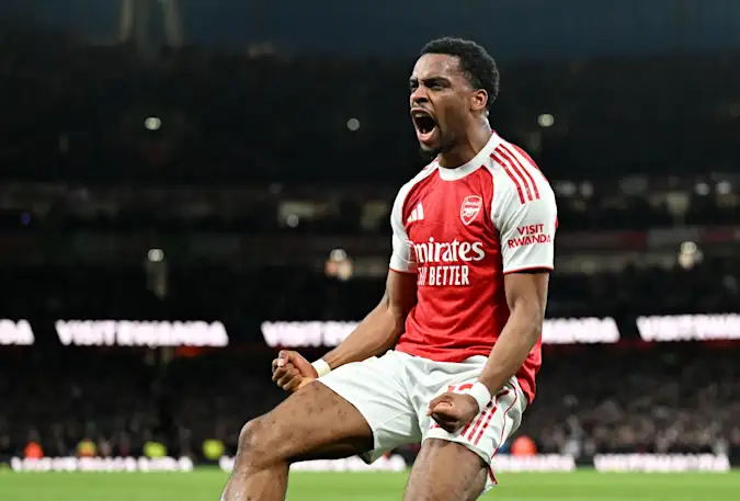 Jurrien Timber celebrates after scoring Arsenal's winning goal against Chelsea