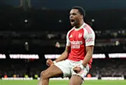 Jurrien Timber celebrates after scoring Arsenal's winning goal against Chelsea