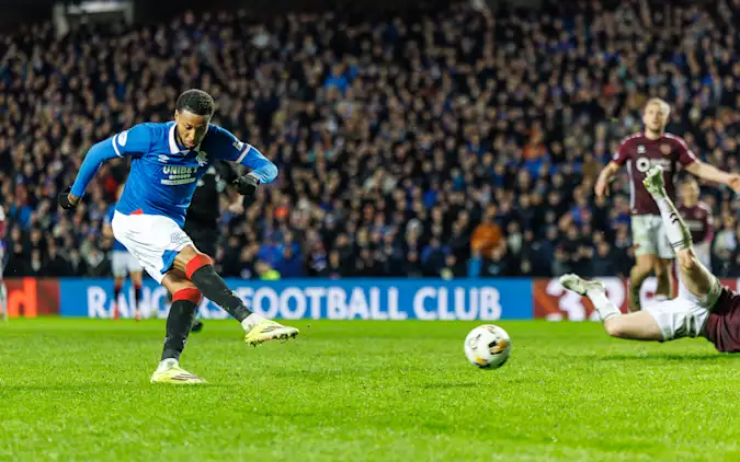 Youssef Chermiti of Rangers scores third goal of the game during the William Hill Premiership match between Rangers and Heart of Midlothian at Ibrox Stadium on February 15, 2026 in Glasgow, Scotland. (Photo by WM Sport Media/Getty Images)